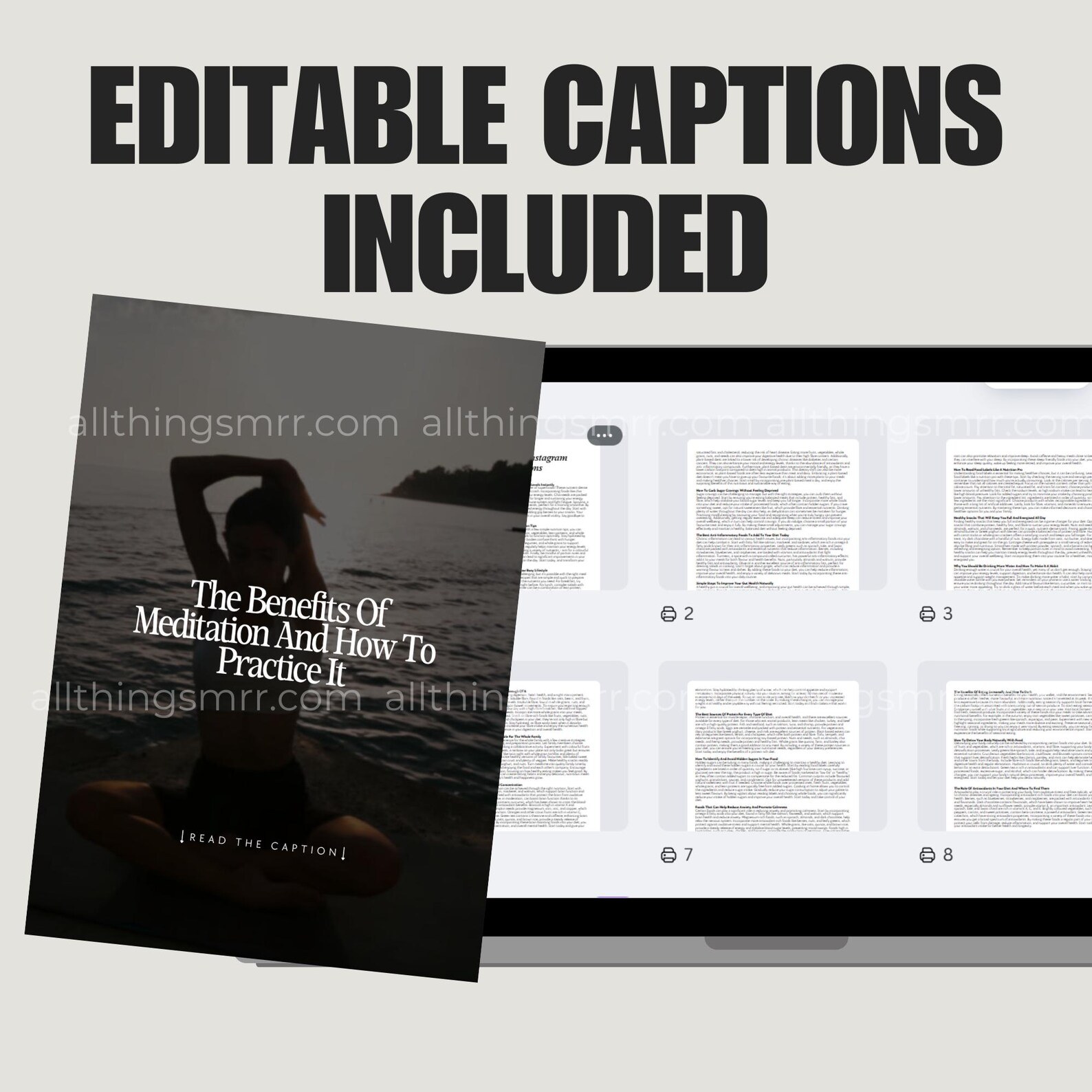 Editable caption document open beside a wellness Instagram Reel template