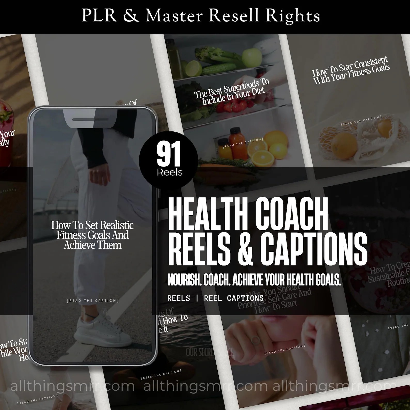 Smartphone showing a wellness Instagram Reel with more health coaching Reel templates arranged behind it