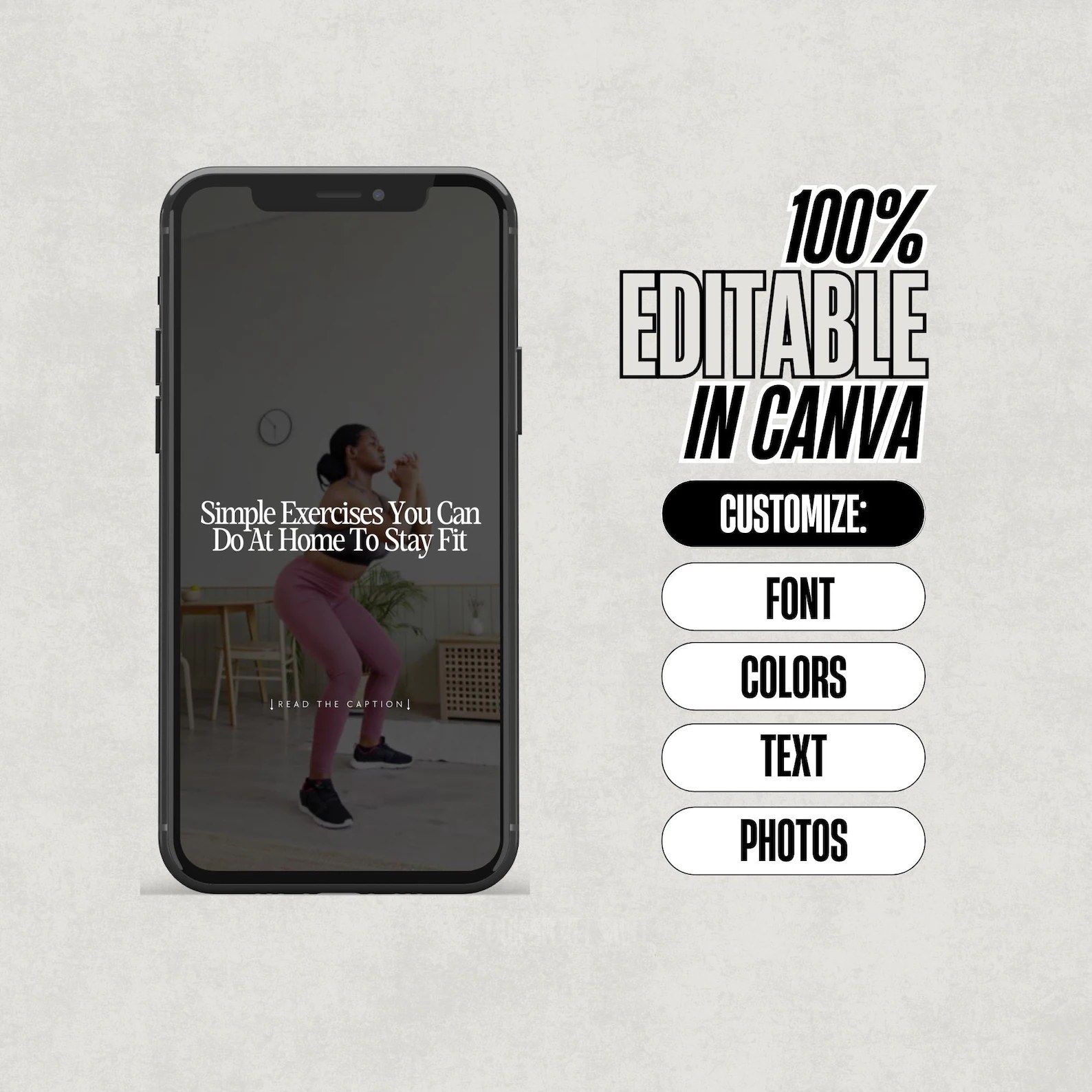 Reel template shown on a phone next to a list of editable Canva elements: font, colors, text and photos