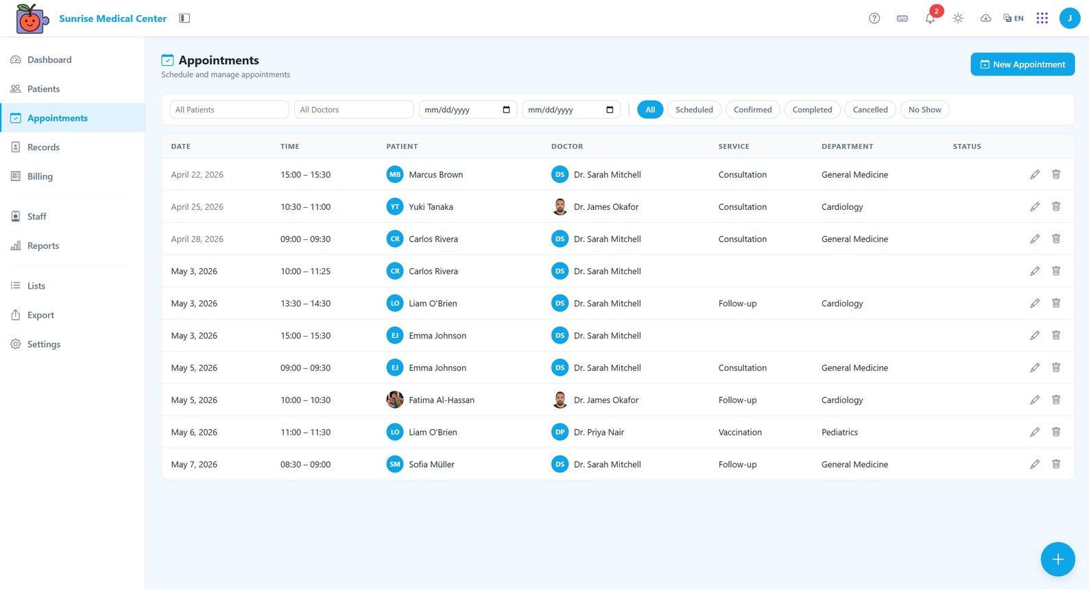 Appointment list with provider, service and status filters