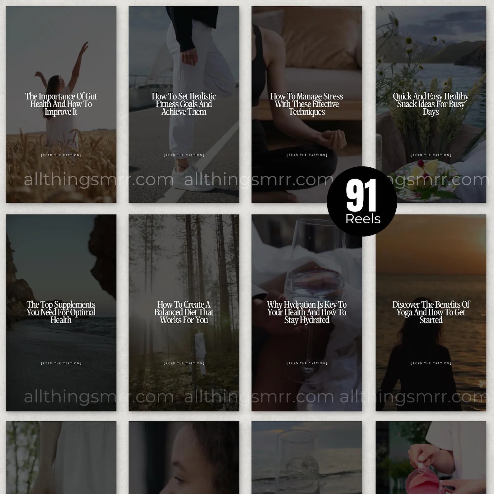 Grid of wellness Instagram Reel templates covering nutrition, fitness, hydration, mindfulness and lifestyle content